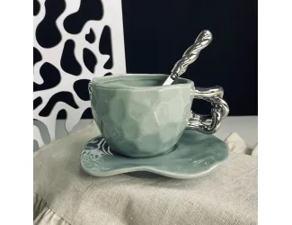 Чашка 280мл с блюдцем и ложкой Lenardi 163-078 серая