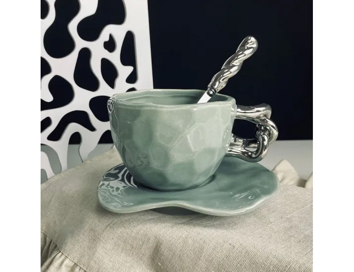 Чашка 280мл с блюдцем и ложкой Lenardi 163-078 серая