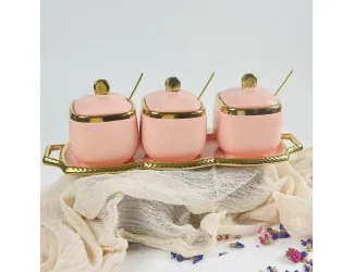 Набор из 3 баночек 350 мл с ложками на подставке Lenardi 164-012 розовый