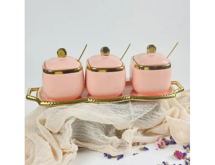 Набор из 3 баночек 350 мл с ложками на подставке Lenardi 164-012 розовый