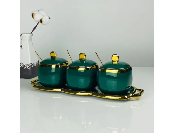 Набор из 3 баночек 350 мл с ложками на подставке Lenardi 164-013 изумрудный