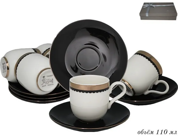 набор кофейных пар на 6 персон 12 предметов Lenardi чёрно-белый 181-059