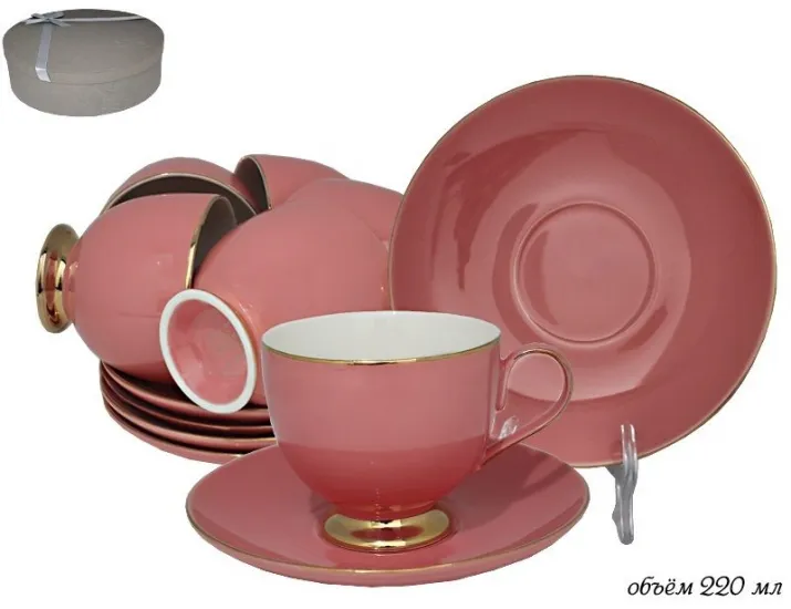 Набор чайных пар на 6 персон 12 предметов Lenardi коралловый 181-089