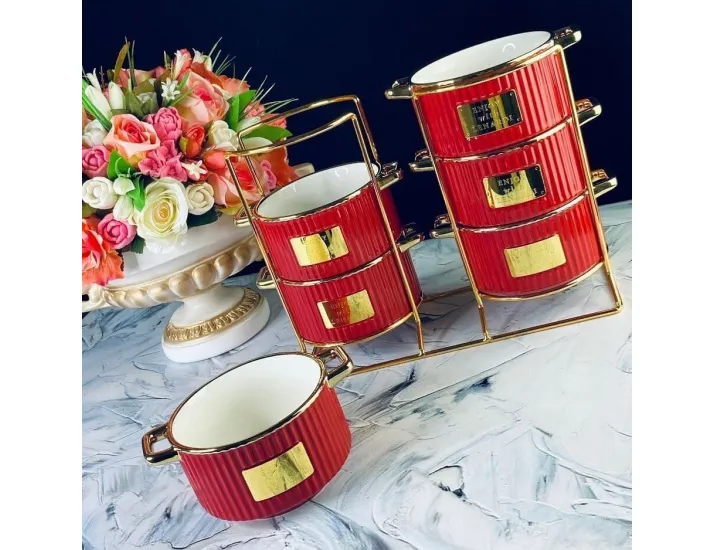 Набор из 6 бульонниц 500мл на подставке Lenardi Multicolor 106-334 красные