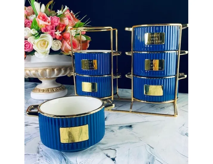 Набор из 6 бульонниц 500мл на подставке Lenardi Multicolor 106-337 синие