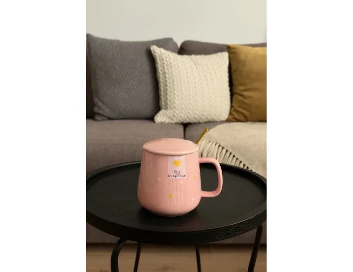 Кружка 420мл с крышкой и ложкой Lenardi 315-045 розовая