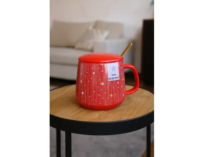 Кружка 420мл с крышкой и ложкой Lenardi 315-046 красная