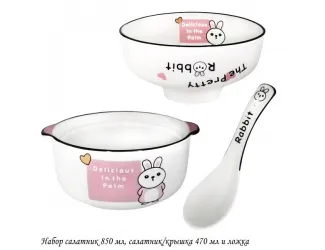 Набор салатник 950мл, салатник/крышка 450мл и ложка 315-064