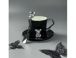 Чашка 250мл с блюдцем и ложкой Lenardi 315-075 чёрная