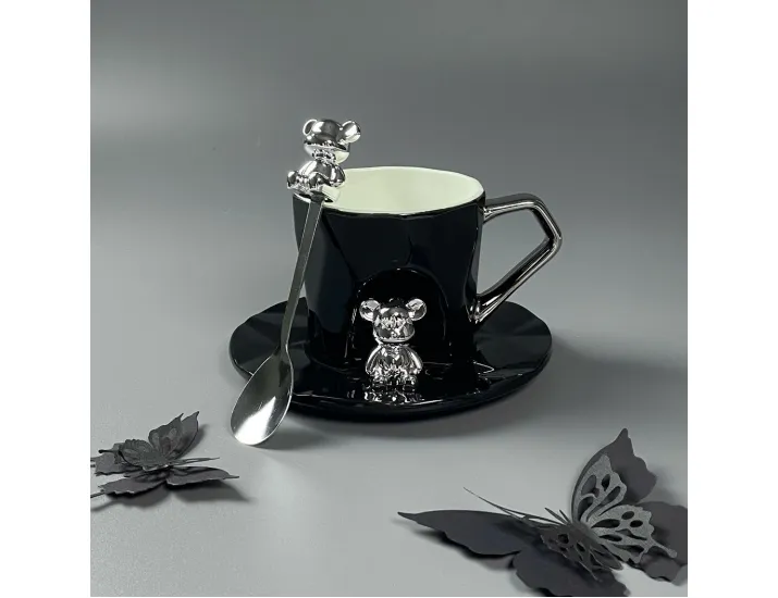Чашка 250мл с блюдцем и ложкой Lenardi 315-075 чёрная