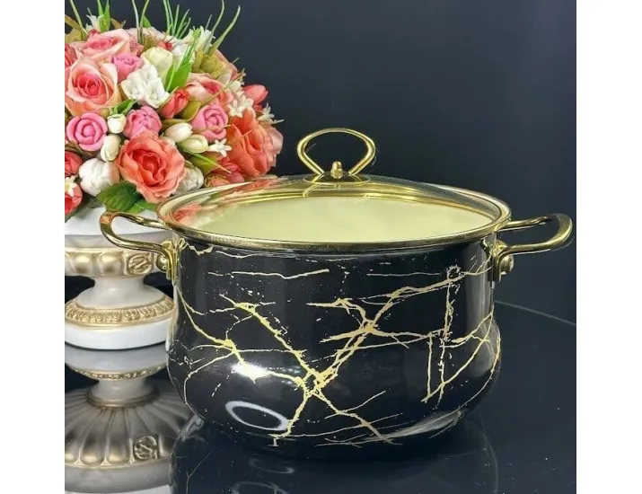 Кастрюля эмалированная 6,5л с крышкой 26см Lenardi Чёрный мрамор 776-059